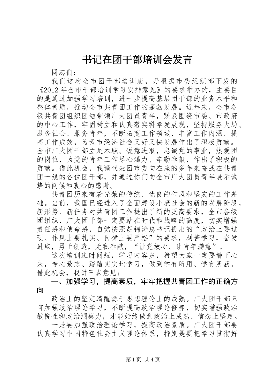 书记在团干部培训会发言_第1页