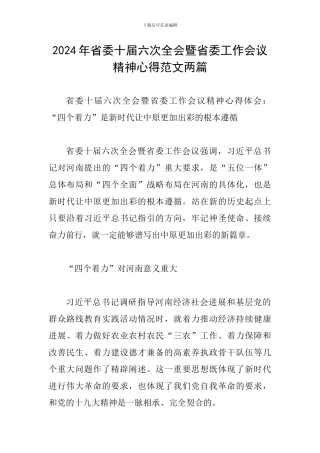 2024年省委十届六次全会暨省委工作会议精神心得范文两篇