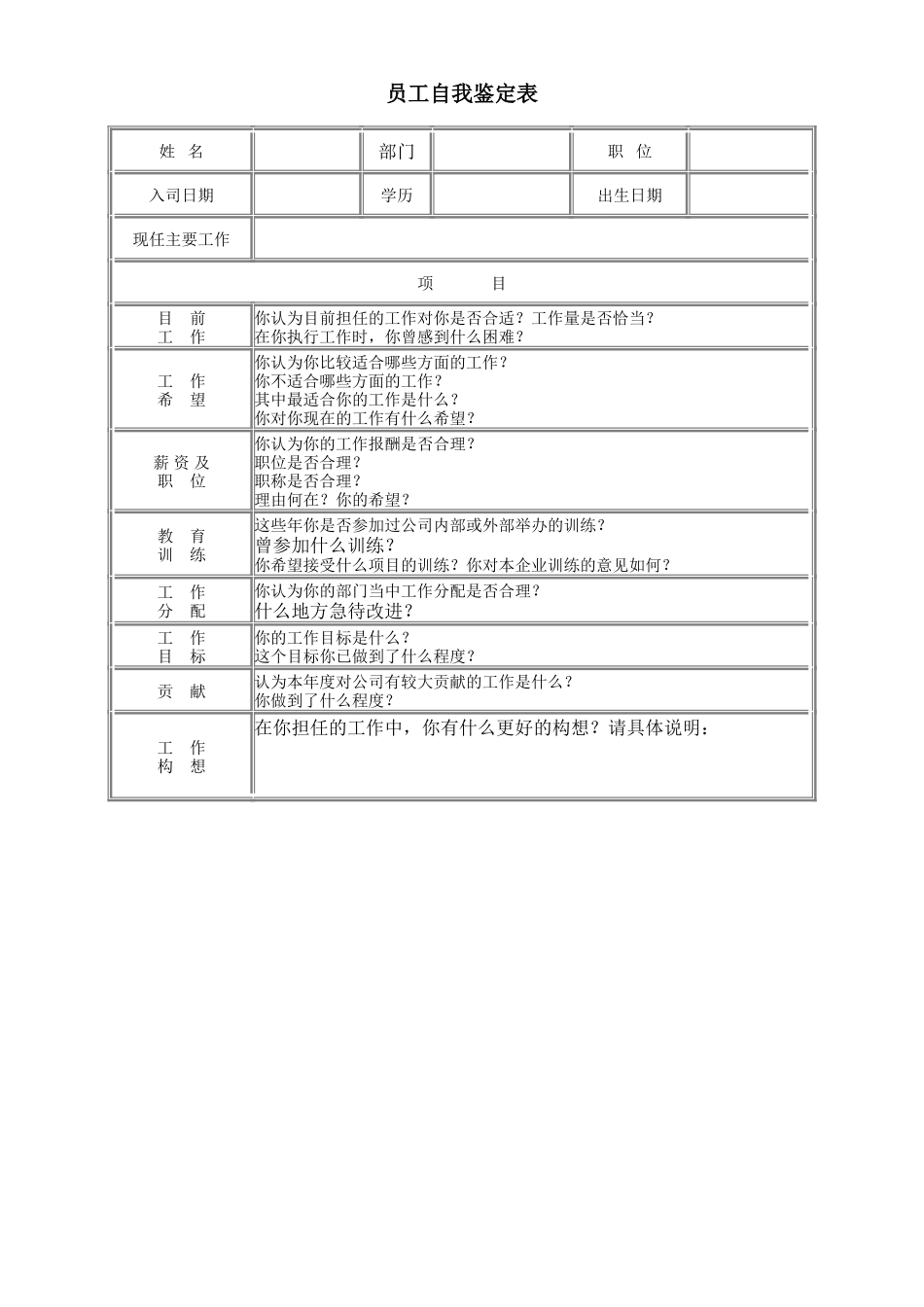 员工自我鉴定表_第1页