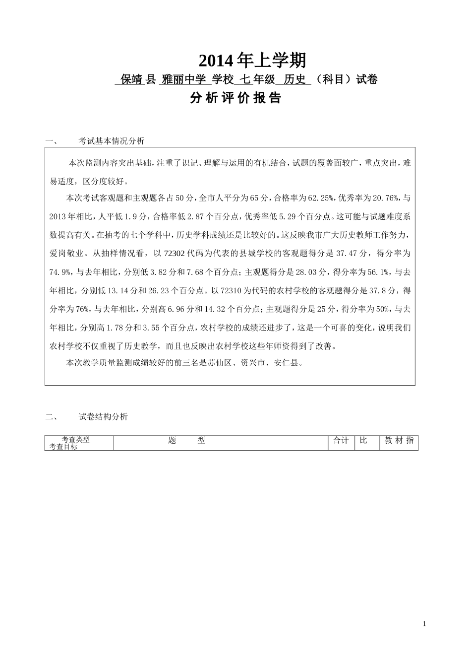 2014年上学期七年级历史试卷分析报告_第1页