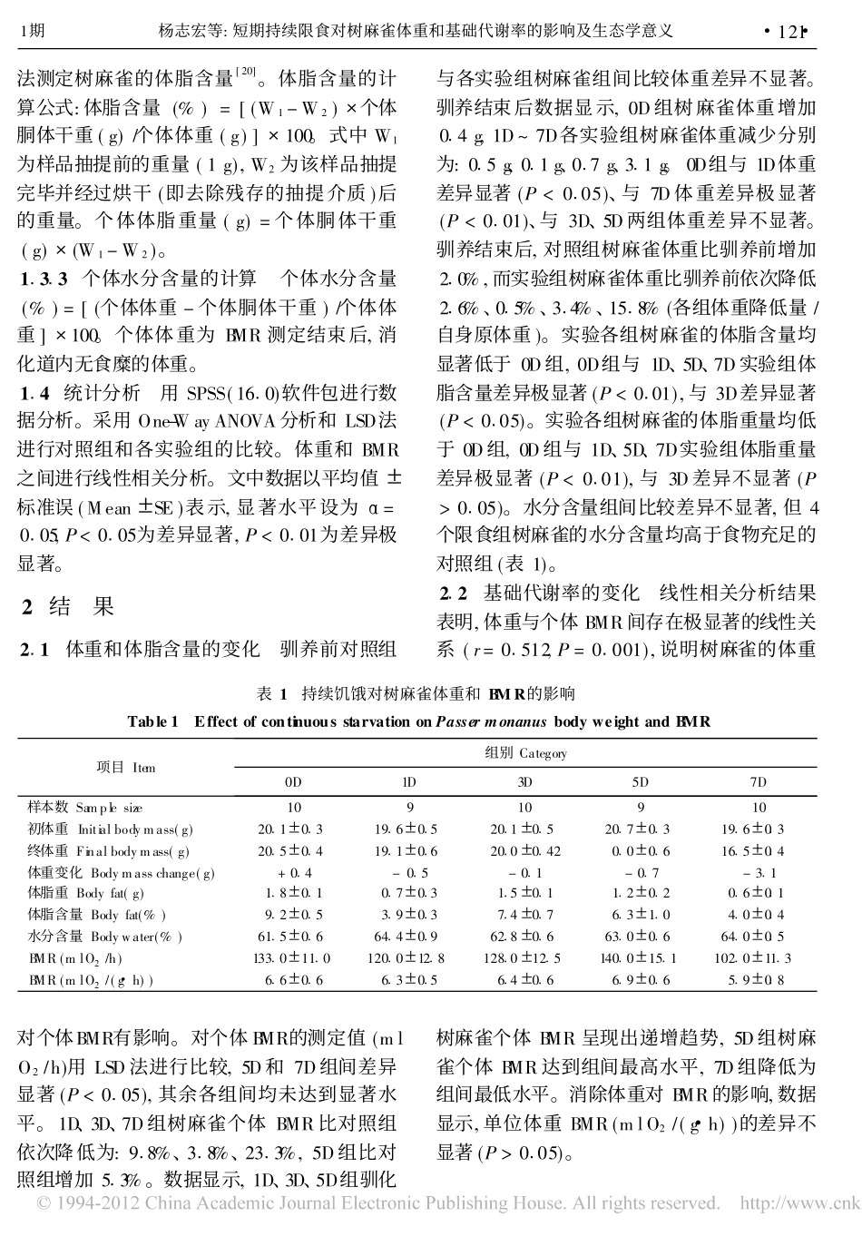 短期持续限食对树麻雀体重和基础代谢率的影响及生态学意义_第3页