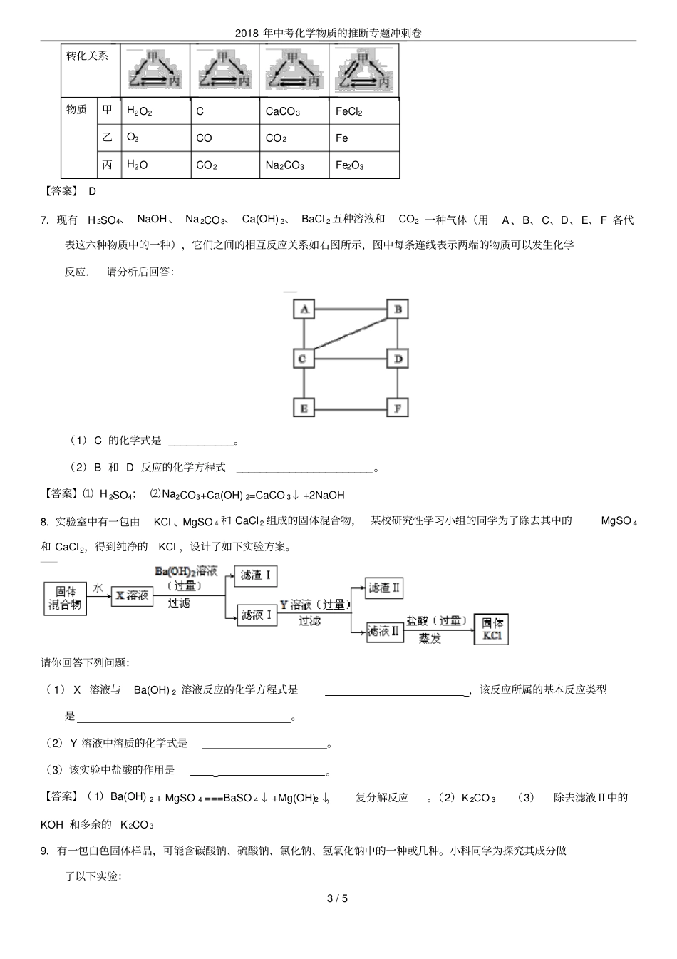 2018年中考化学物质的推断专题冲刺卷_第3页