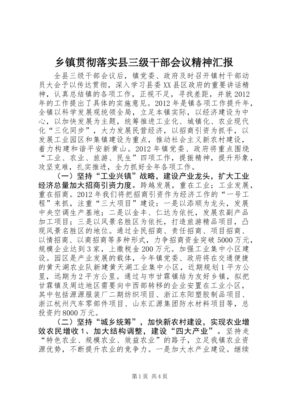 乡镇贯彻落实县三级干部会议精神汇报_第1页