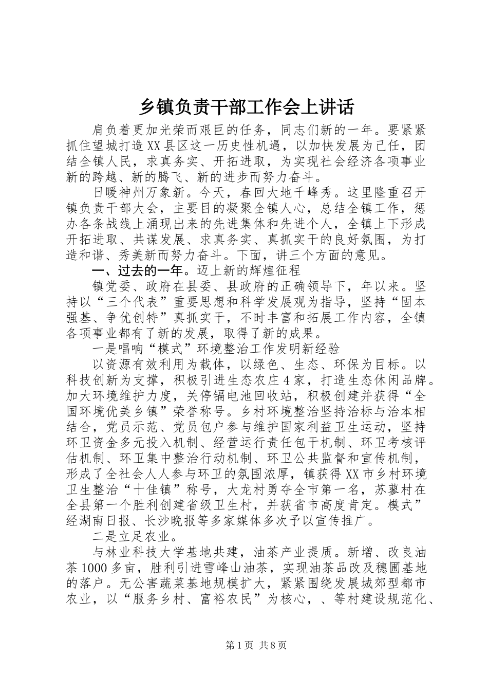 乡镇负责干部工作会上讲话_第1页