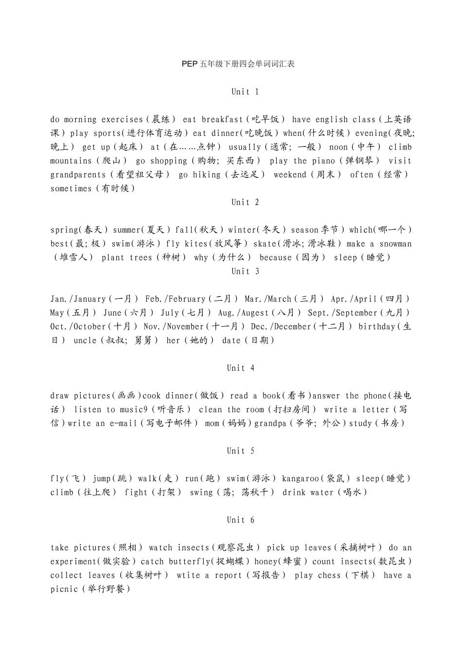 PEP五、六年级下册期末考试单词_第1页