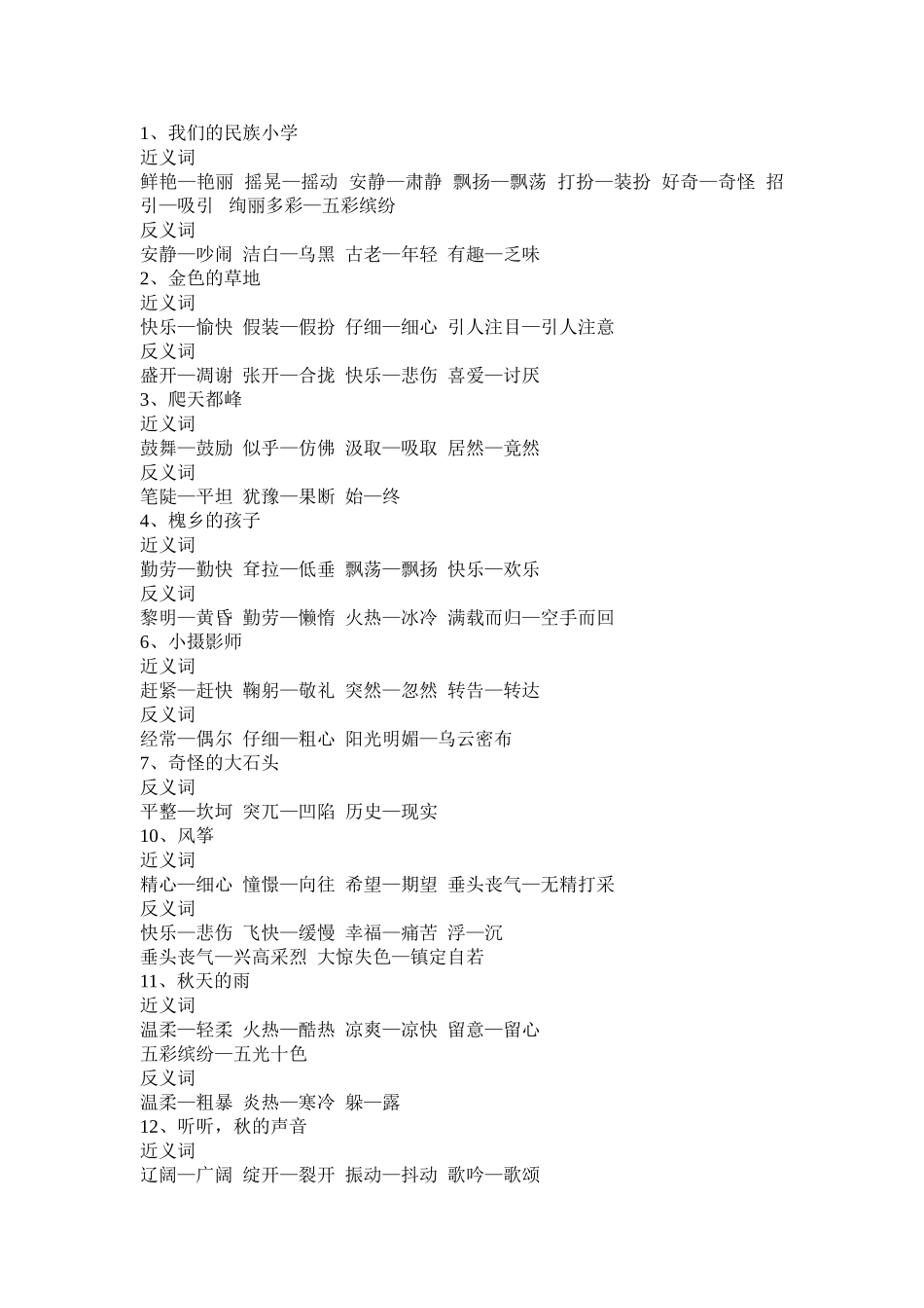 人教版三年级语文上册近义词、反义词、多音字[1]1_第1页