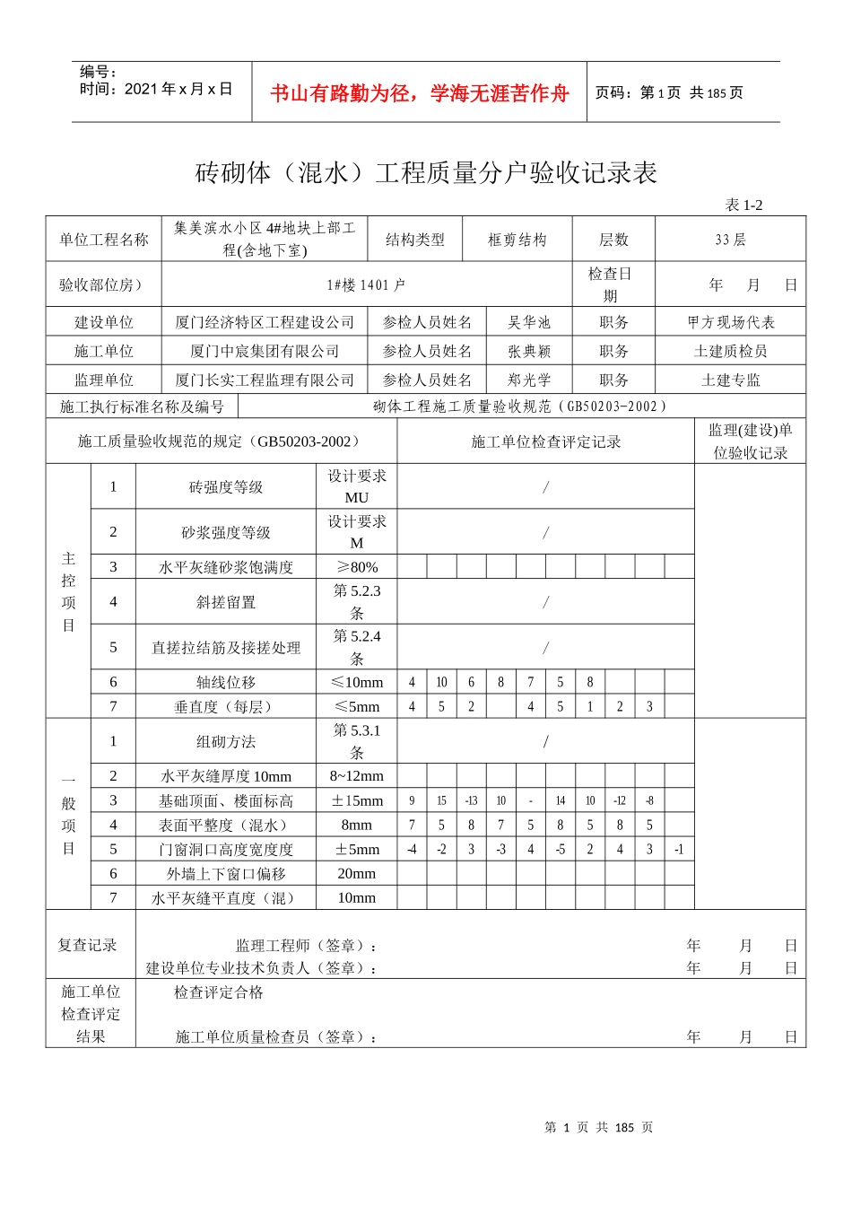 表1-2砖砌体(混水)工程质量分户验收记录表14-33_第1页