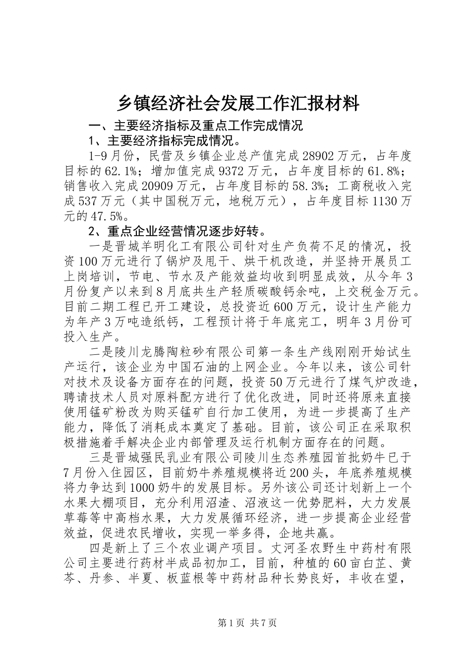 乡镇经济社会发展工作汇报材料_第1页
