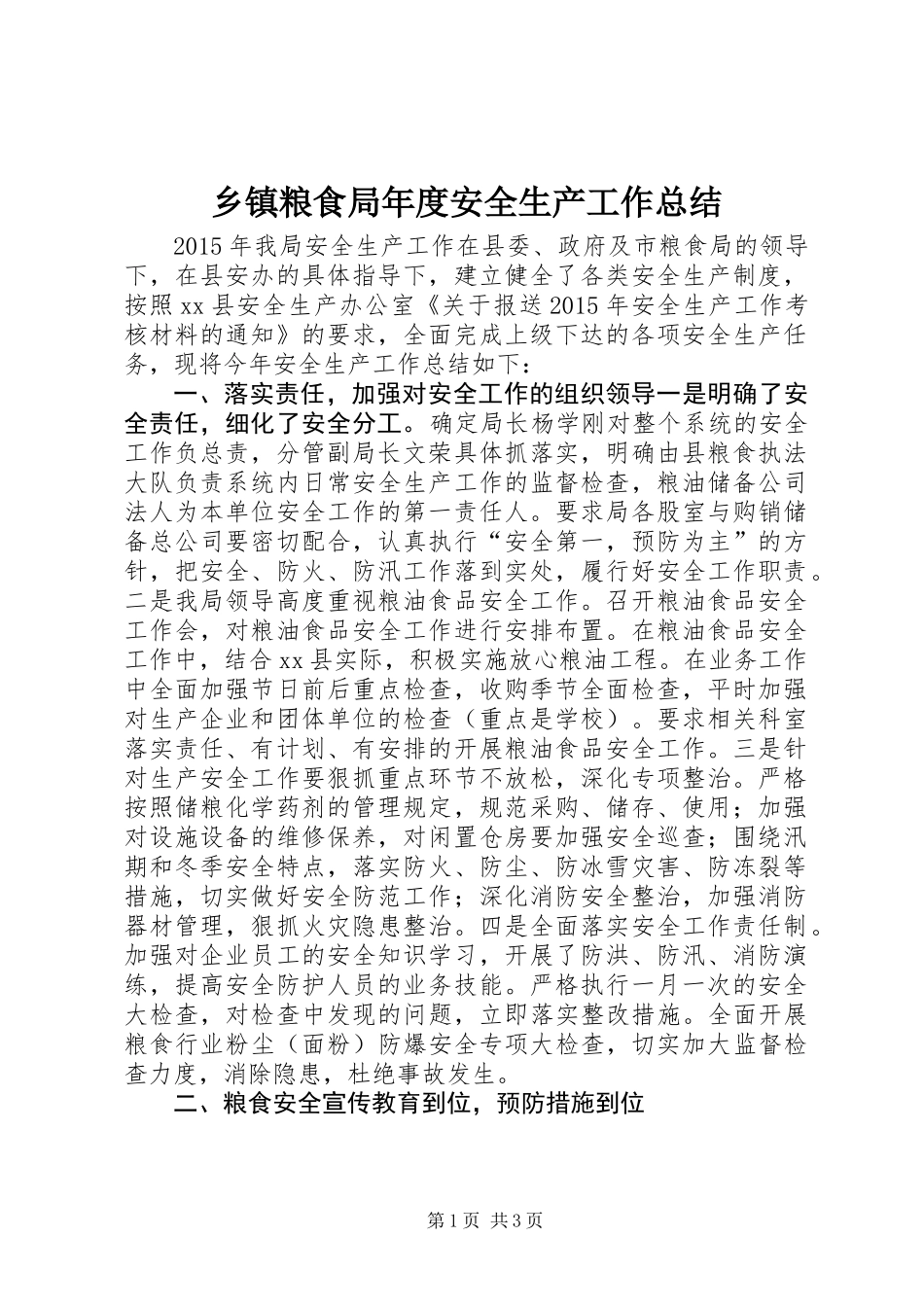 乡镇粮食局年度安全生产工作总结_第1页