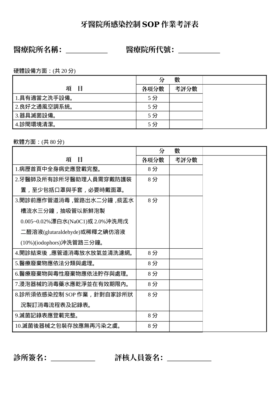 牙医院所感染控制SOP作业考评表(明细)_第1页