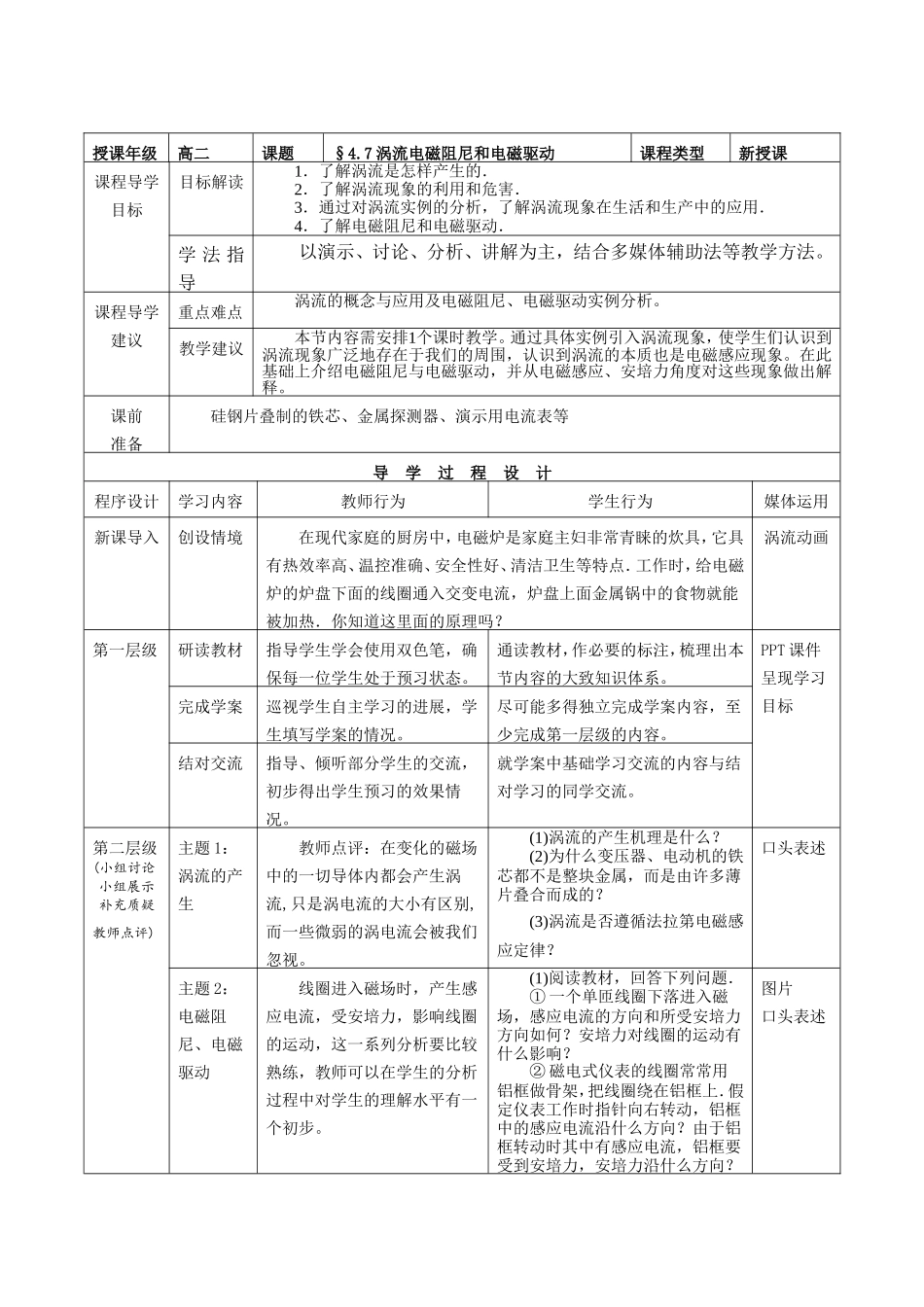 选修3-2第四章第7节《涡流、电磁阻尼和电磁驱动》教案_第2页