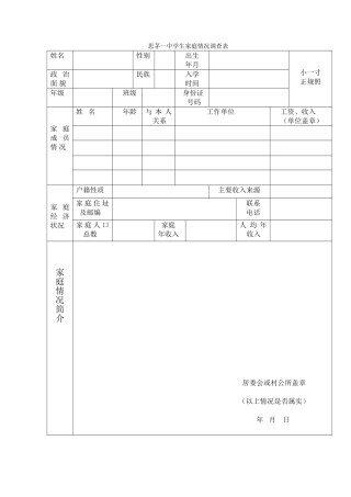 思茅一中学生家庭情况调查表