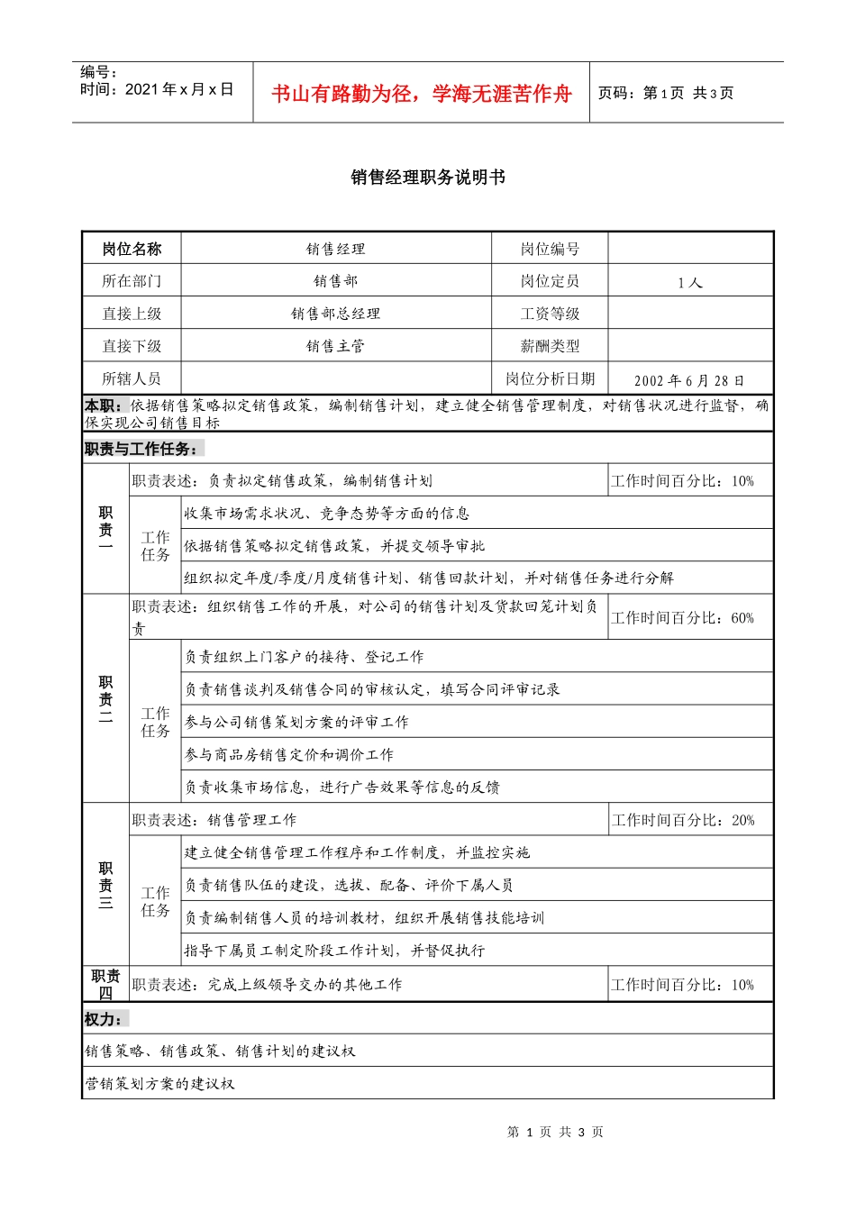 某集团置业公司销售经理职务说明书书_第1页