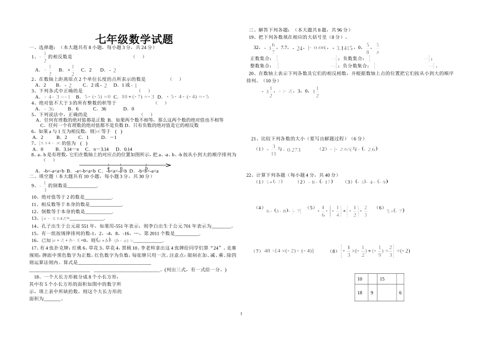 辛庄镇中学2012-2013七年级上有理数测试题_第1页