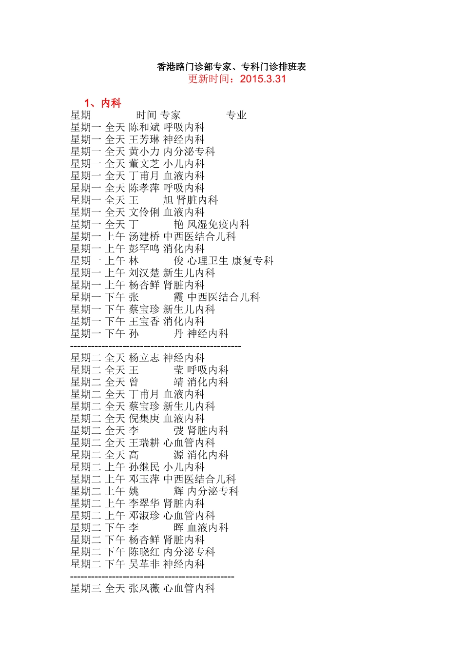 武汉市儿童医院香港路门诊部专家、专科门诊排班表新_第1页