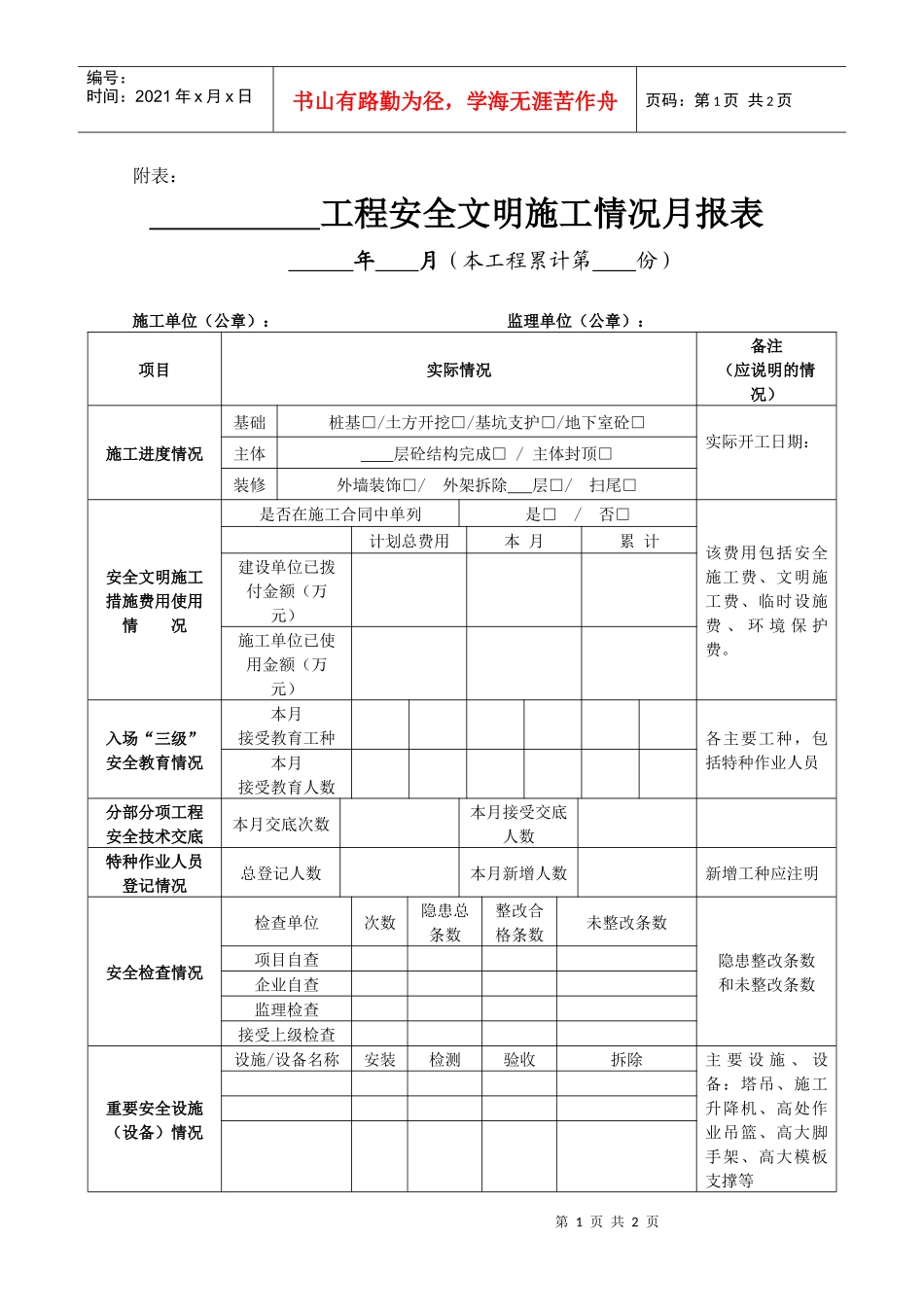 工程安全文明施工情况月报表_第1页