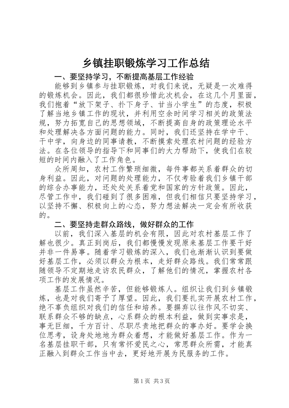 乡镇挂职锻炼学习工作总结_第1页