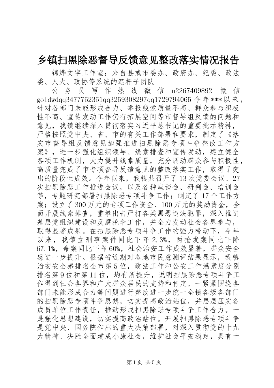 乡镇扫黑除恶督导反馈意见整改落实情况报告 (2)_第1页