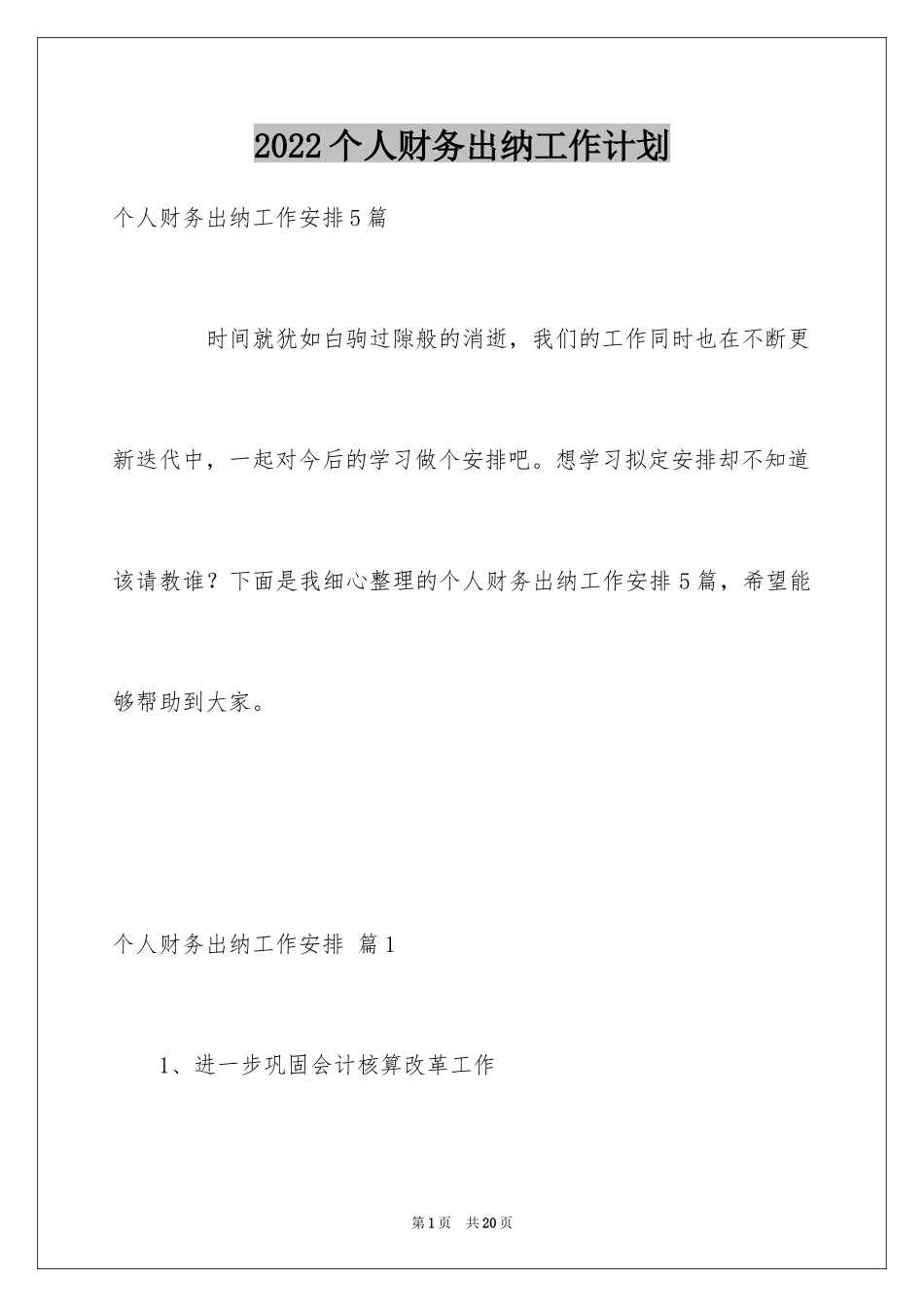 2024个人财务出纳工作计划_第1页