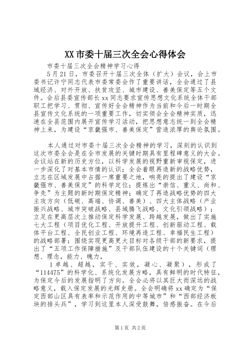 XX市委十届三次全会心得体会 _第1页