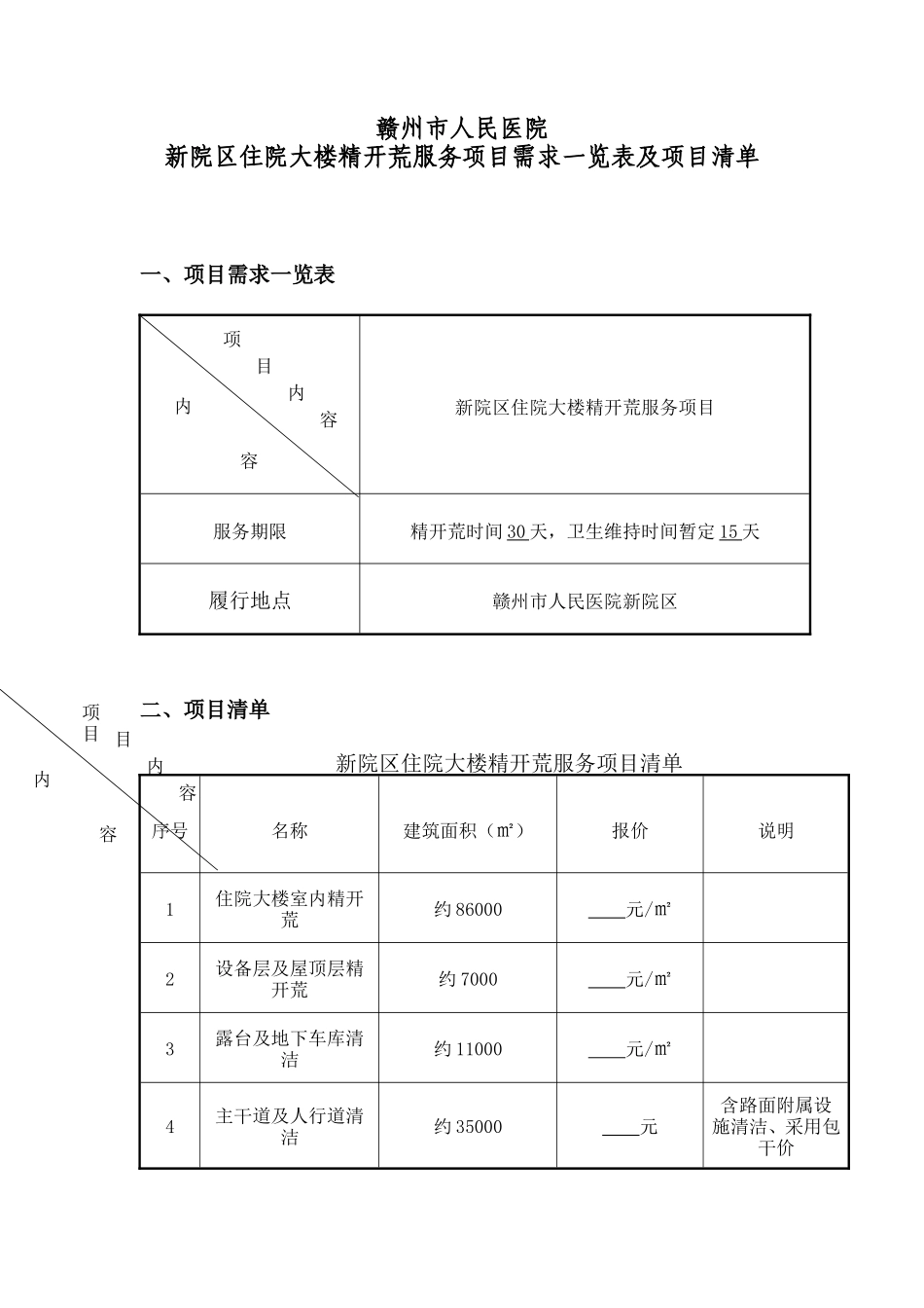新院区住院大楼精开荒服务项目需求一览表及项目清单-赣州人民医院_第1页