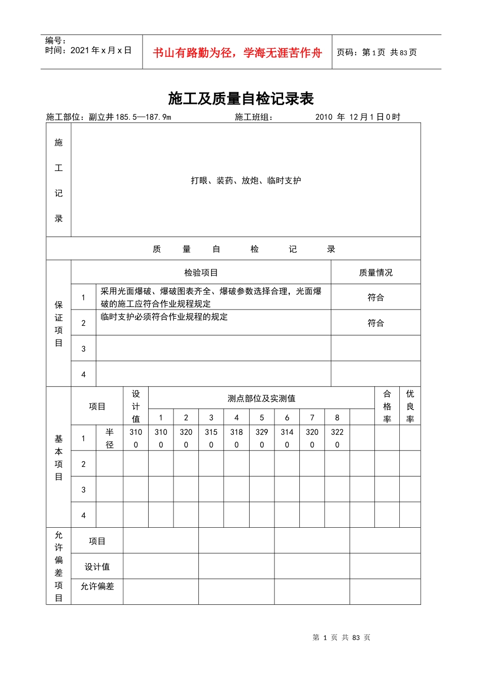 12月份副立井施工及质量自检记录表_第1页