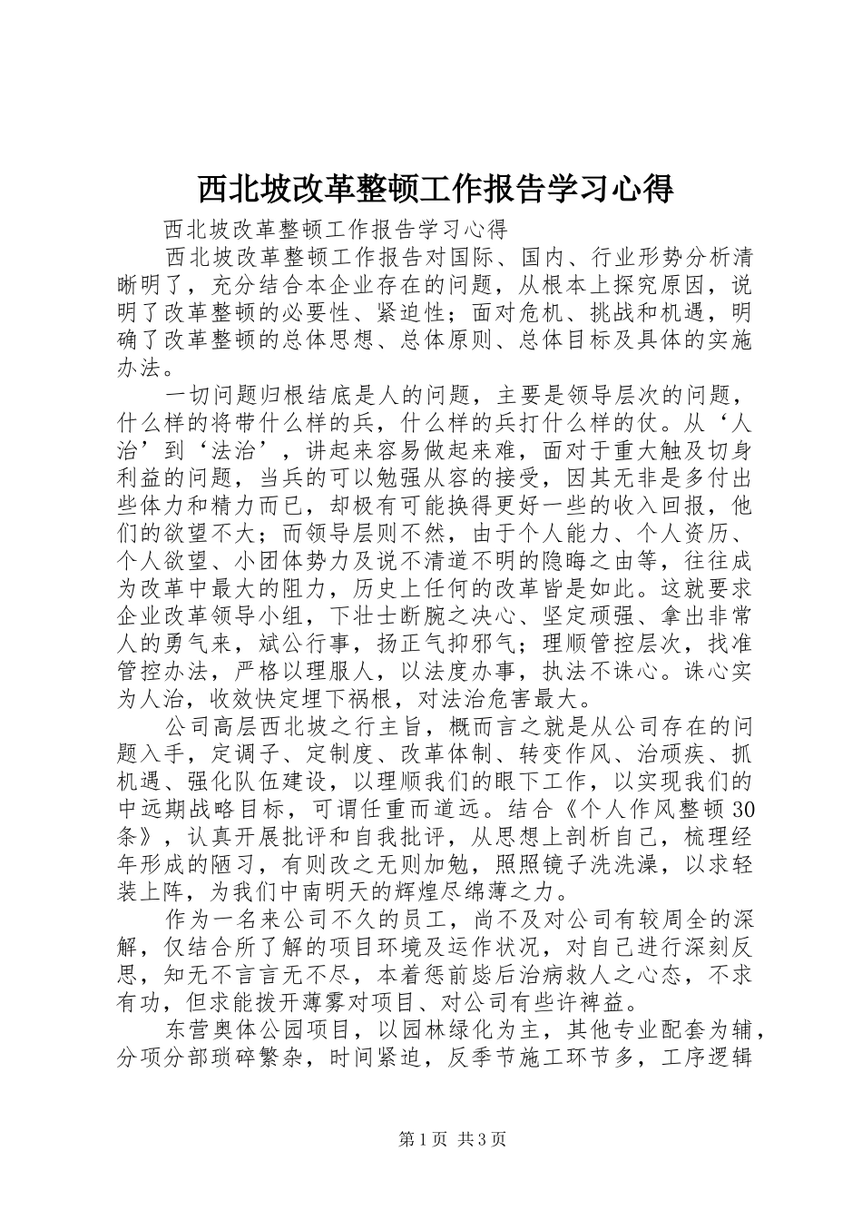 西北坡改革整顿工作报告学习心得 _第1页