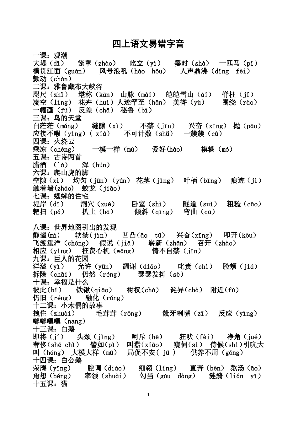 四年级上册语文易错字音_第1页