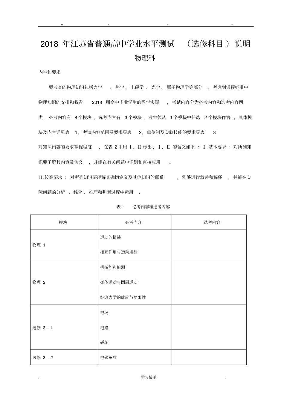 2018年江苏高考物理考试说明_第1页