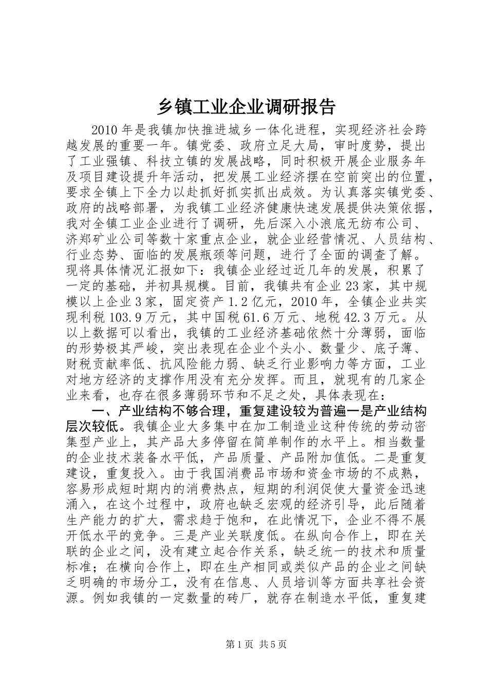 乡镇工业企业调研报告 (2)_第1页