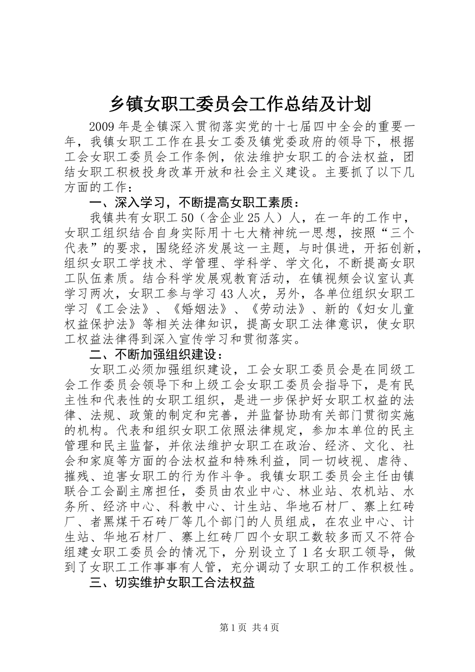 乡镇女职工委员会工作总结及计划_第1页