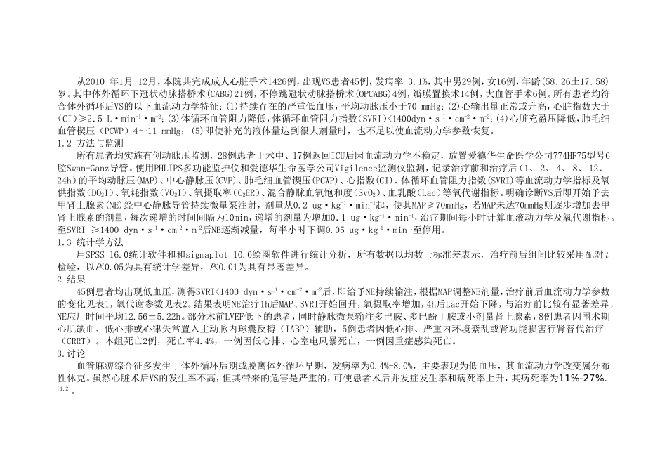 心脏术后血管麻痹综合症患者血流动力学和氧代谢研究_第2页