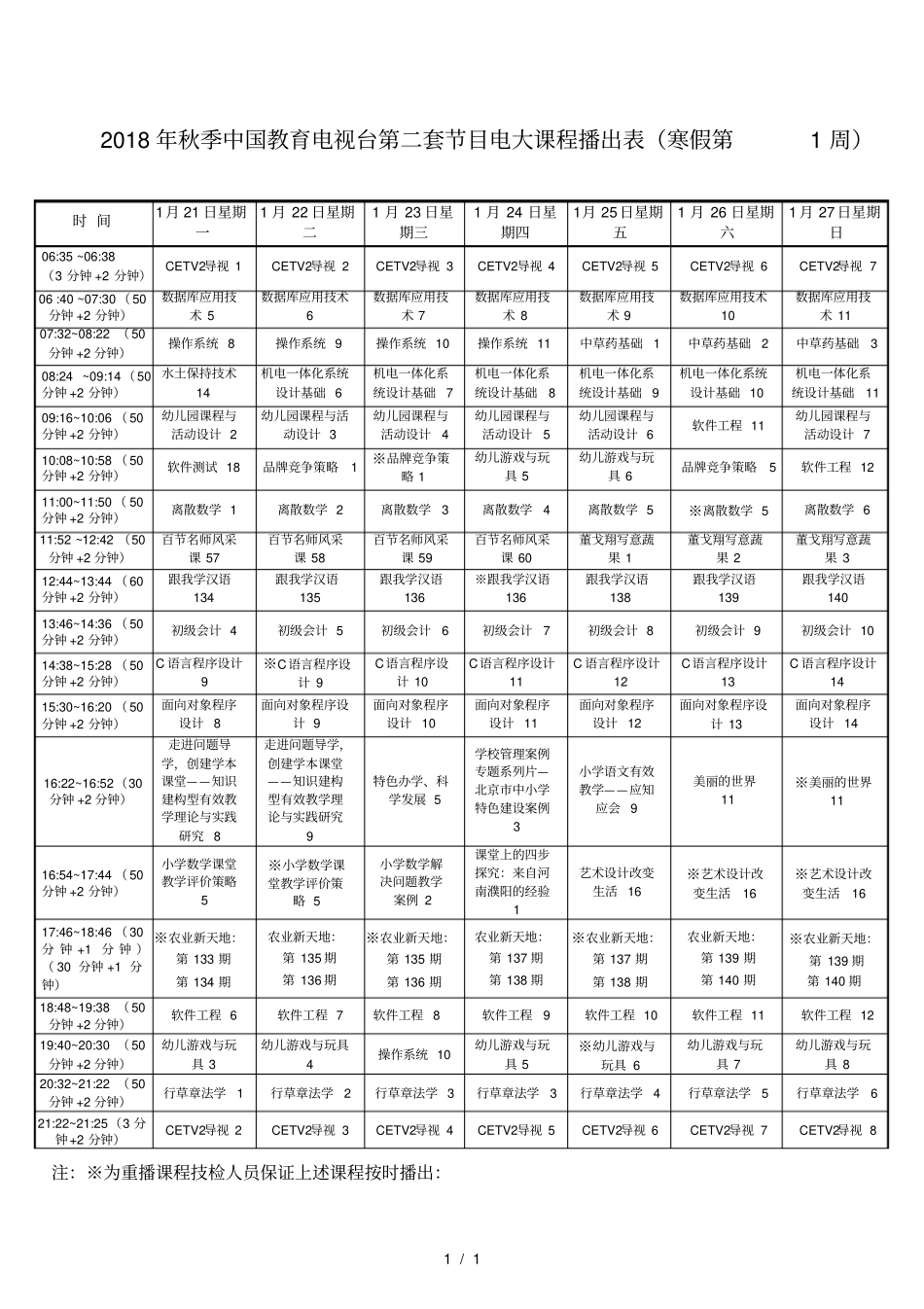 2018年秋季中国教育电视台第二套节目电大课程播出表寒假_第1页