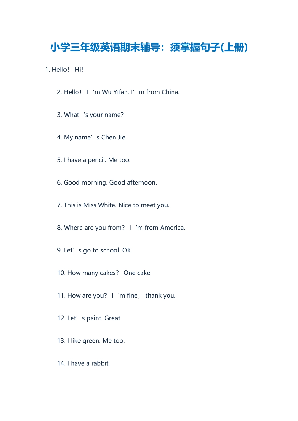 小学三年级英语期末辅导：须掌握句子(上册)_第1页
