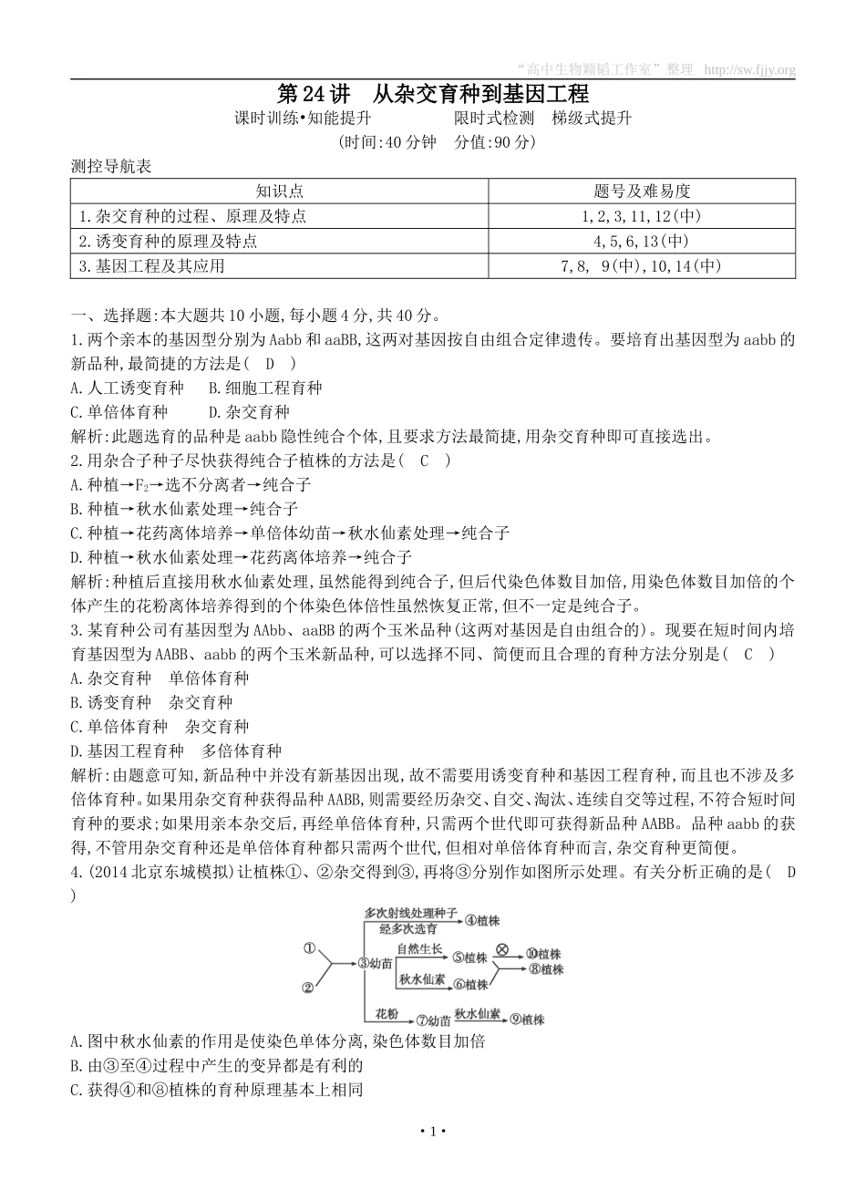 2015届高三生物总复习第七单元第24讲《从杂交育种到基因工程》课时训练（含解析）_第1页