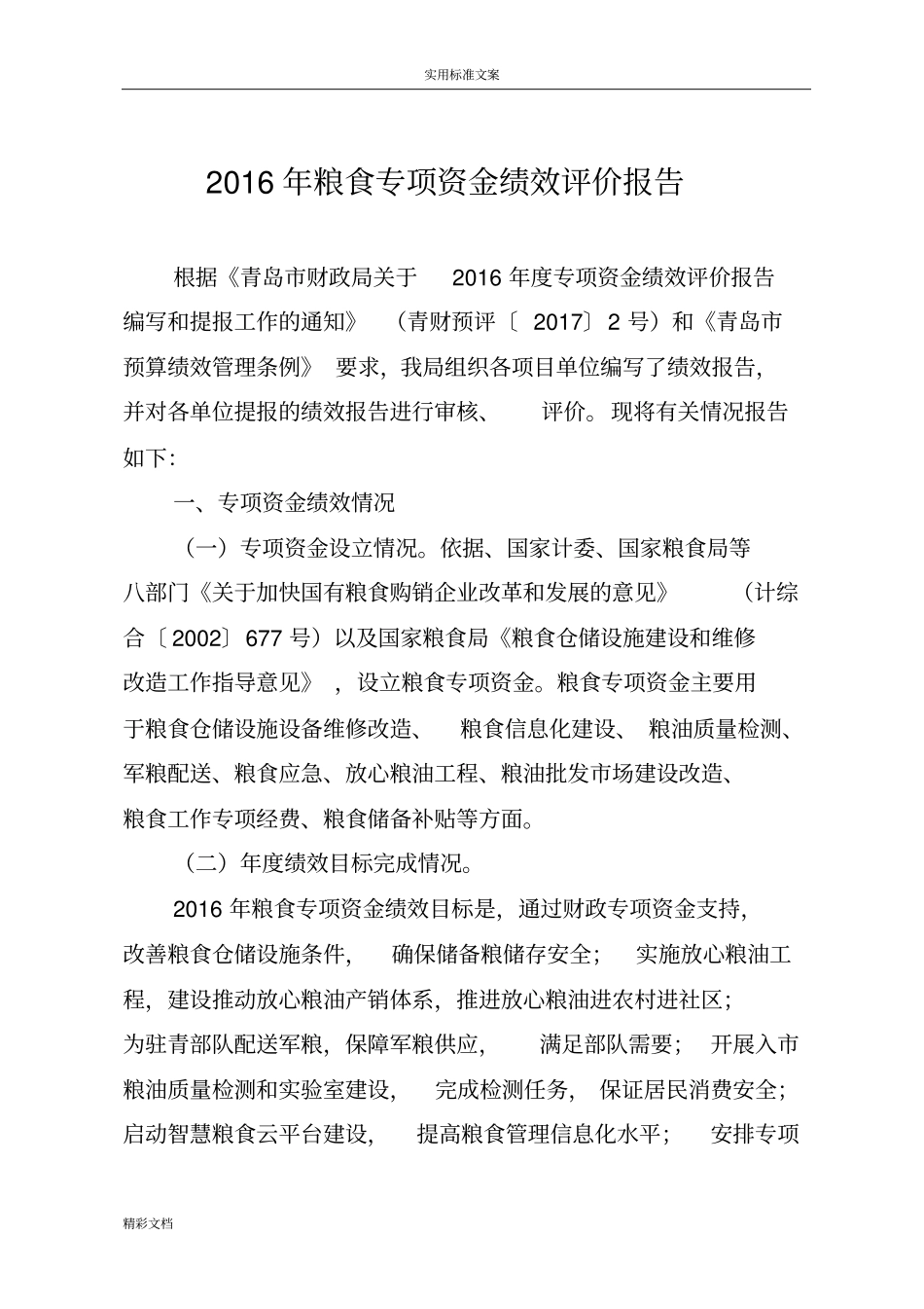 2018年粮食专项资金绩效评价与衡量报告材料的_第1页