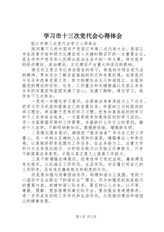 学习市十三次党代会心得体会 