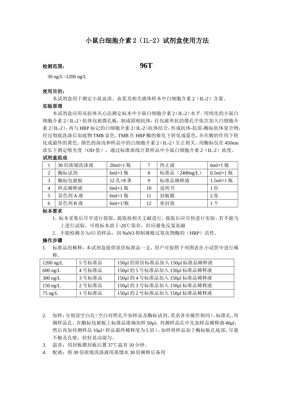 小鼠白细胞介素2IL-2试剂盒使用方法_第1页