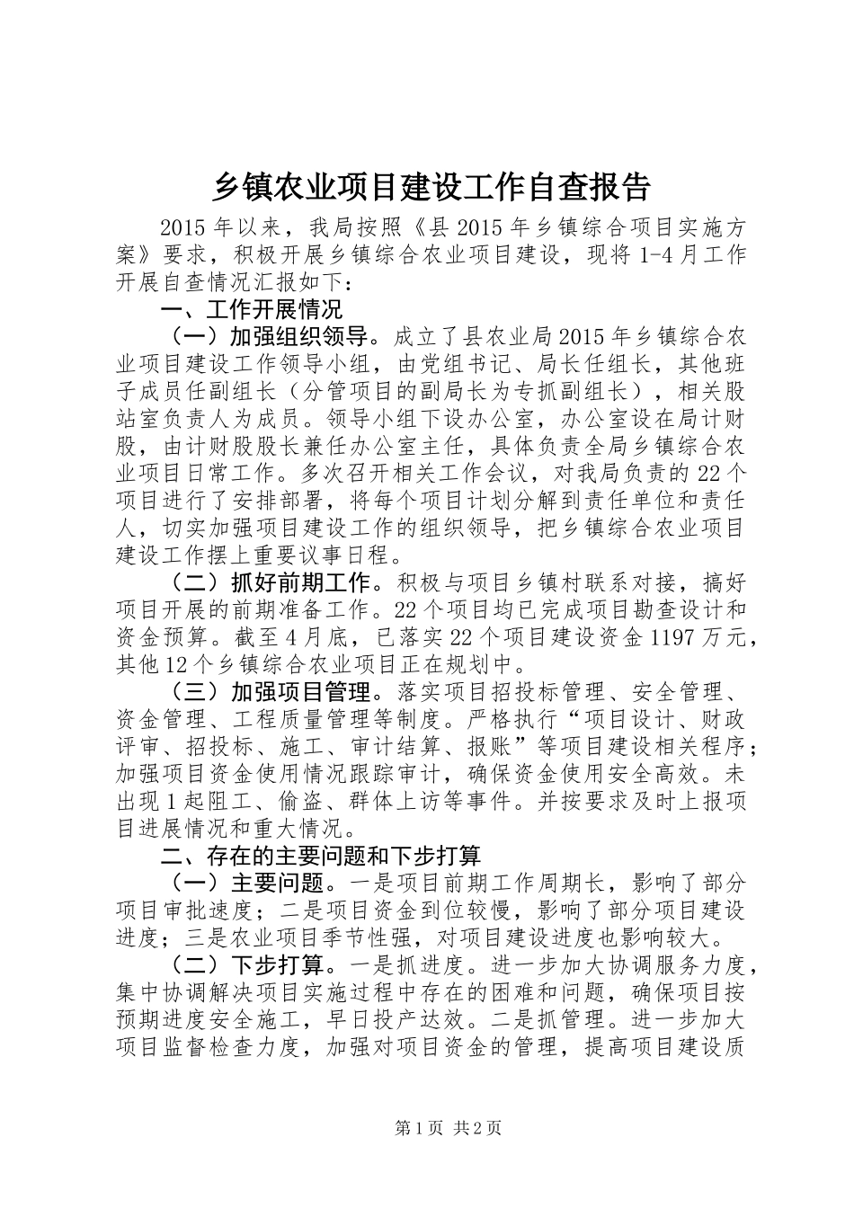 乡镇农业项目建设工作自查报告_第1页
