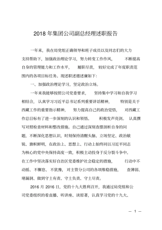 2018年集团公司副总经理述职报告