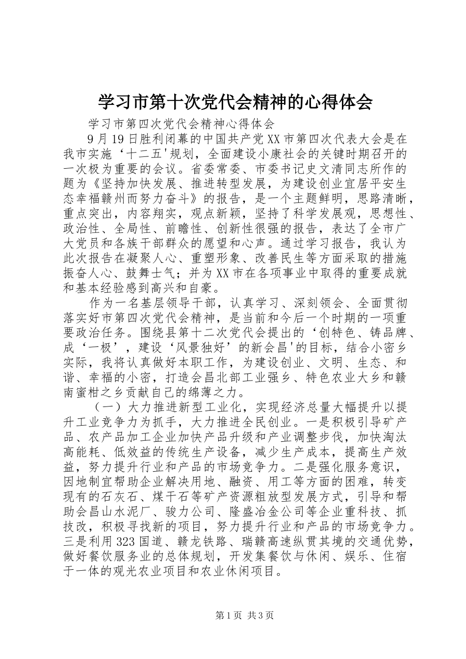学习市第十次党代会精神的心得体会 _第1页