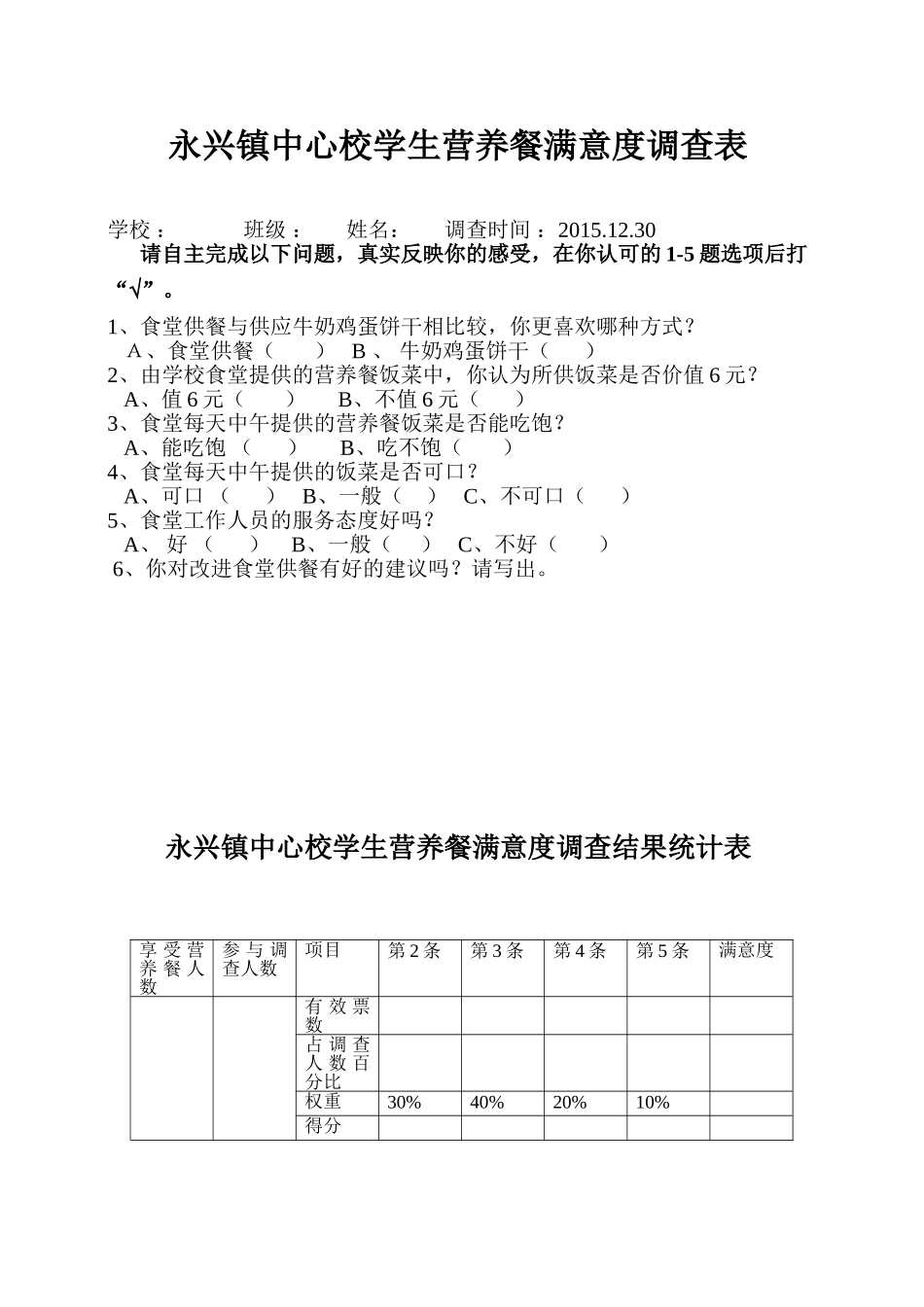 学生营养餐满意度调查表_第1页