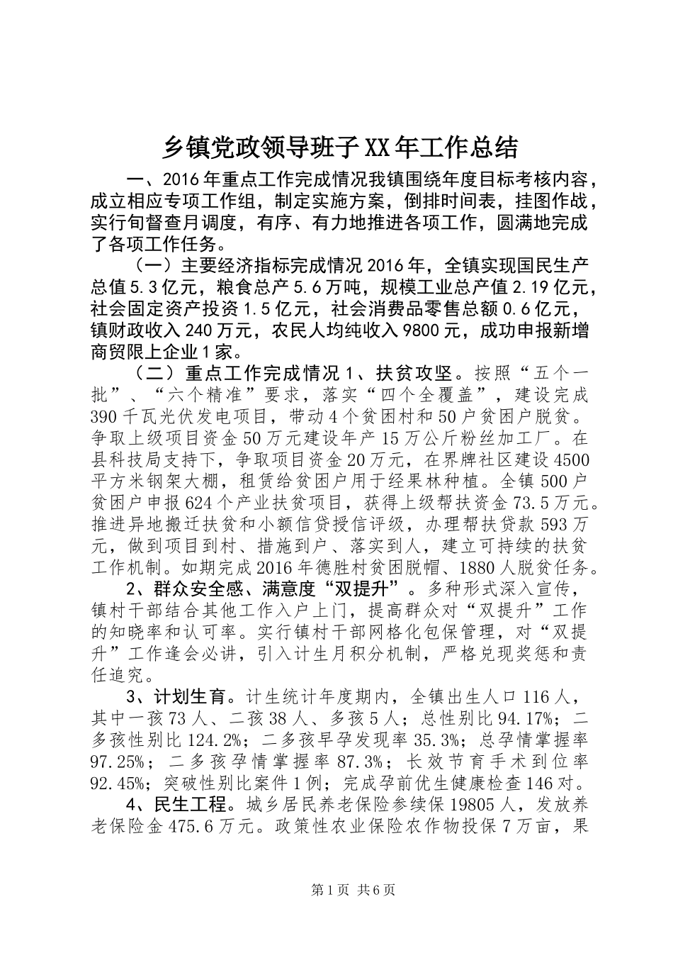 乡镇党政领导班子XX年工作总结_第1页