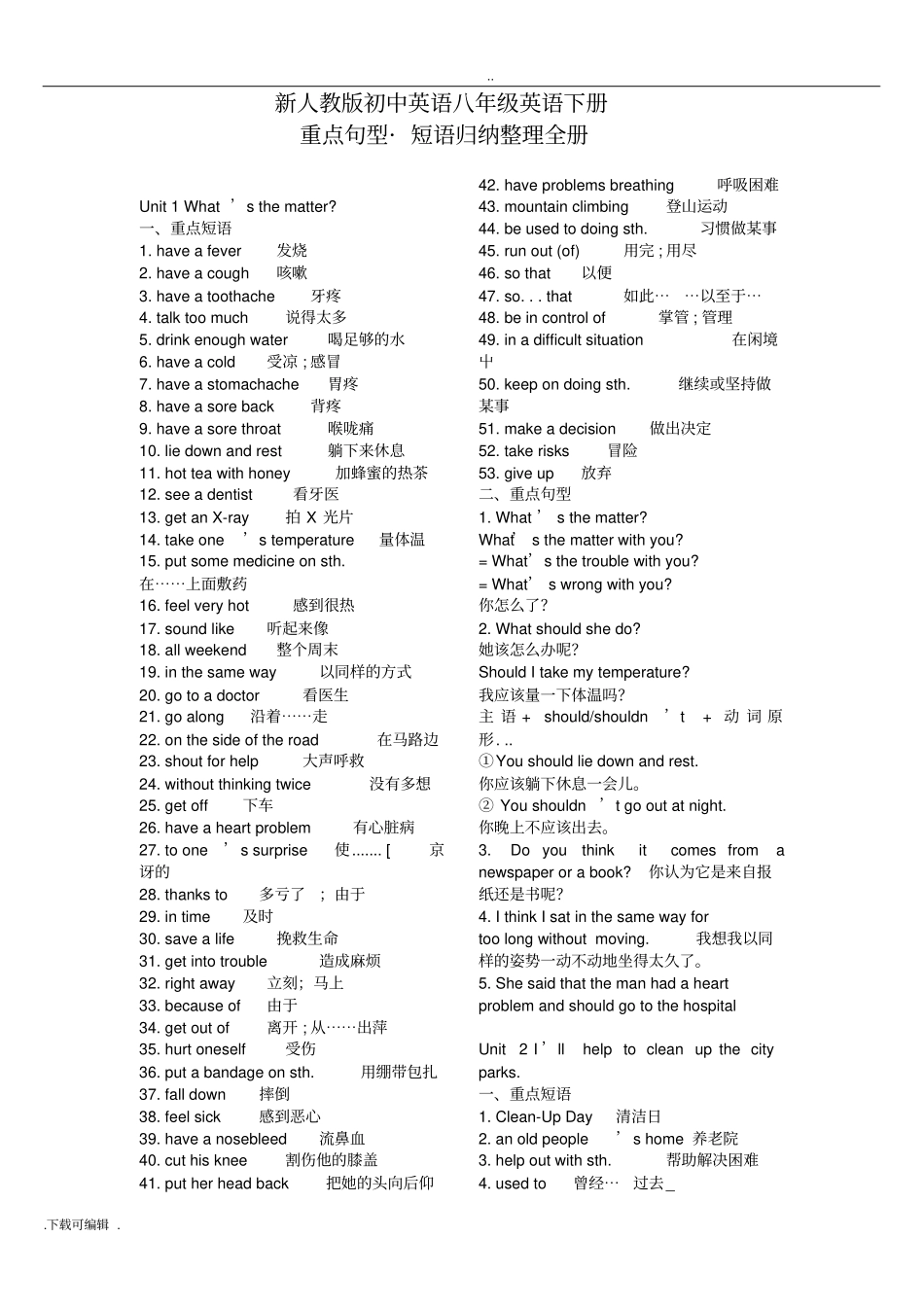 2018新人教版初中英语八年级英语下册重点句型_短语归纳整理全册_第1页