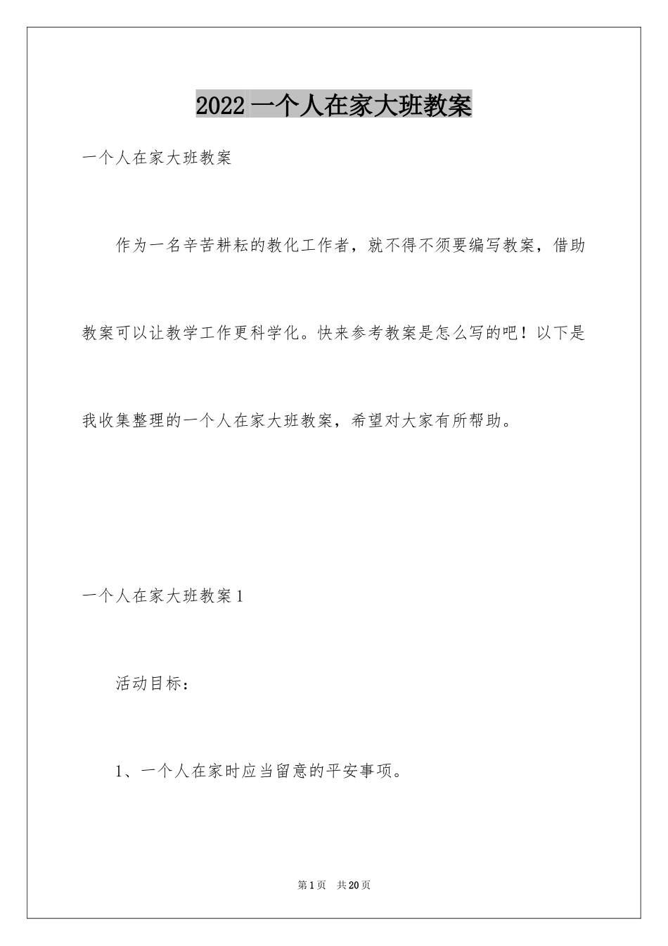 2024一个人在家大班教案_第1页