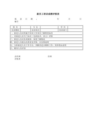 新员工培训成绩评核表