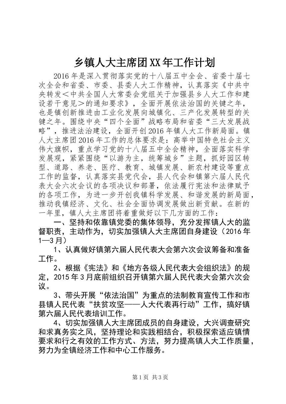 乡镇人大主席团XX年工作计划_第1页