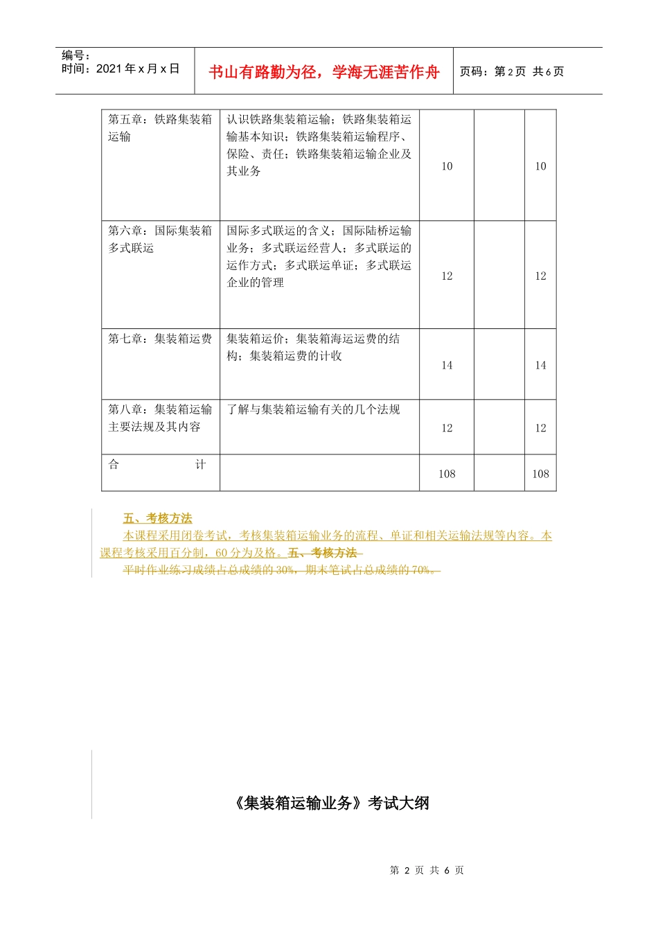 报关(专科)《集装箱运输业务》教学大纲及考试大纲_第2页