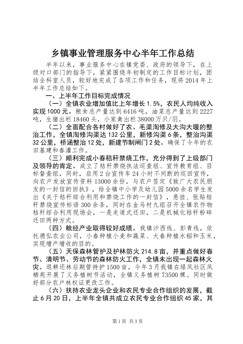乡镇事业管理服务中心半年工作总结_1_第1页