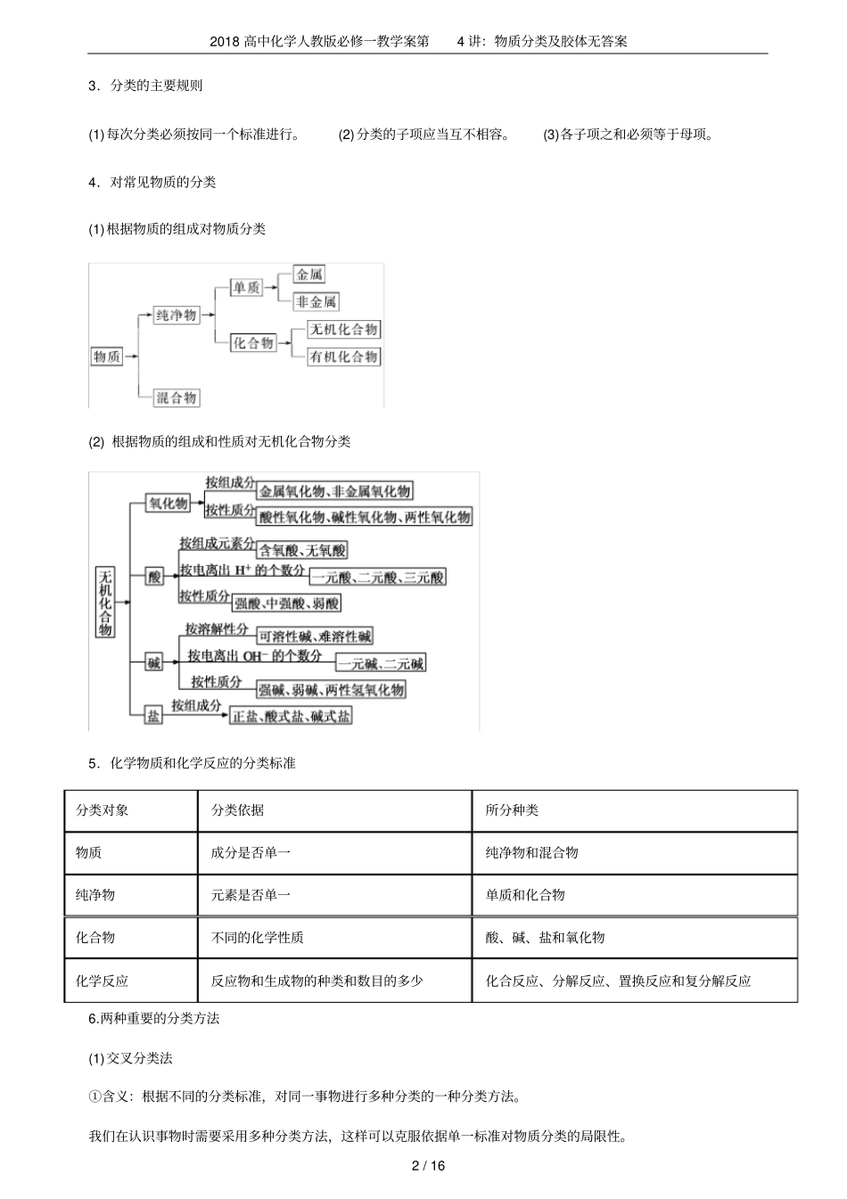 2018高中化学人教版必修一教学案第4讲：物质分类及胶体无答案_第2页